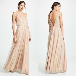 Revolve Divine Heritage Crystal Embellished Mesh Maxi Dress Gown Nude sz Medium